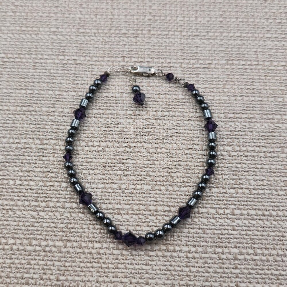 8.5 Inch Sterling Silver Hematite Stone And Crystal Bracelet A6771